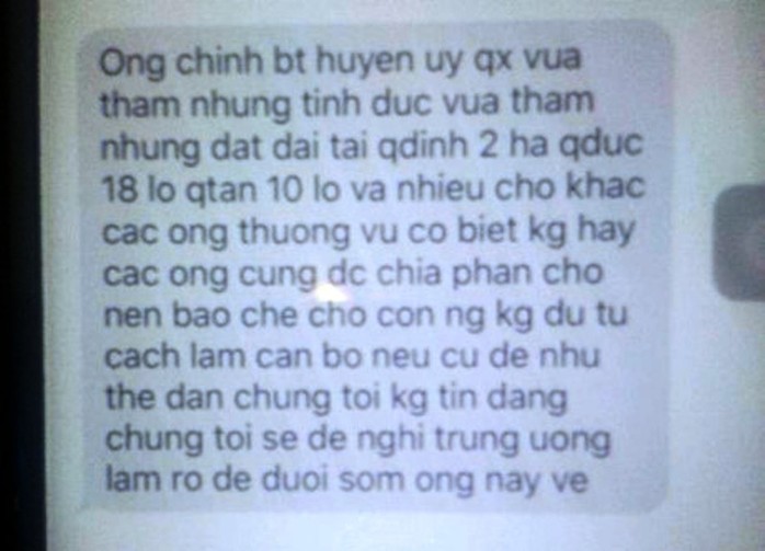 
Nội dung tin nhắn được một lãnh đạo huyện Quảng Xương cung cấp cho báo chí của ông Đinh Trọng Tấn nhắn đến số máy có nội dung tố ông Nguyễn Văn Chính tham nhũng nhiều đất đai
