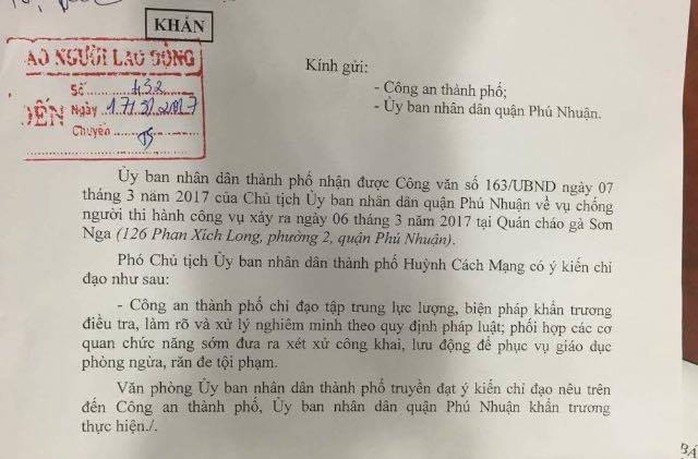 Công văn khẩn của UBND TP chỉ đạo vụ chống đối người thi hành công vụ.