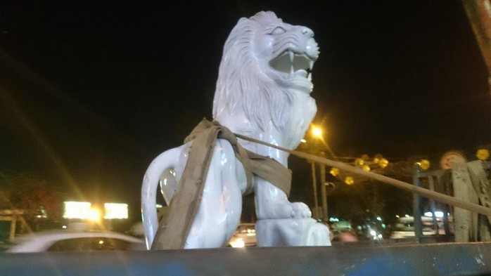 
Tượng 2 con sư tử đá bị cẩu lên xe chở về trụ sở cơ quan chức năng.
