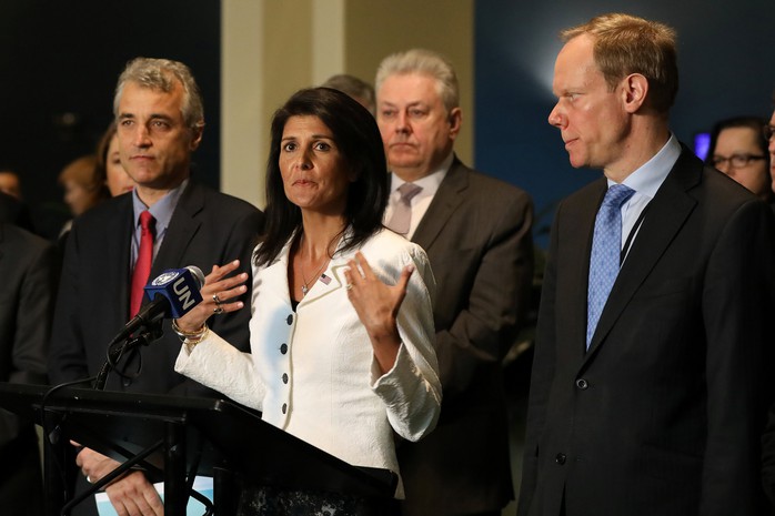 
Bà Nikki Haley phát biểu tại trụ sở Liên Hiệp Quốc hôm 27-3 Ảnh: Reuters
