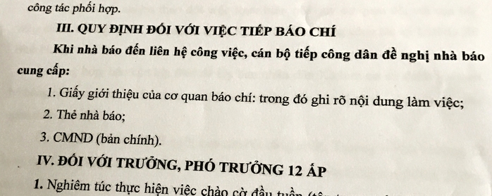 UBND xã đưa ra thông báo khi làm việc phóng viên phải đề nghị cung cấp đủ 3 giấy tờ, gồm: Giấy giới thiệu, Thẻ nhà báo và CMND.