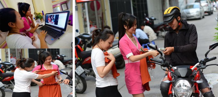 Sau khi tìm hiểu giá và mẫu váy được rao bán trên facebook (Ảnh nhỏ), hai chị Quỳnh My và Bích Ngọc liên hệ qua điện thoại đặt mua bộ váy áo, lập tức có người mang hàng tới giao nhưng không có hóa đơn chứng từ khi nhận tiền (ảnh lớn) - Ảnh: QUANG ĐỊNH