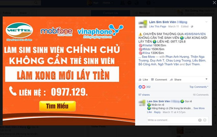 
Quảng cáo chuyển đổi SIM thường sang SIM sinh viên rất phổ biến trên mạng xã hội. Ảnh: chụp màn hình Facebook  Làm Sim sinh viên *****.

 
