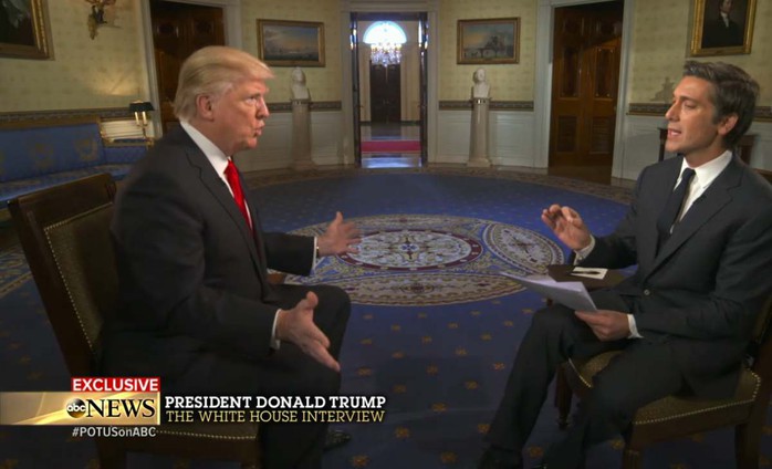 
Tổng thống Donald Trump trong cuộc phỏng vấn của đài ABC tại Nhà Trắng hôm 25-1. Ảnh: ABC
