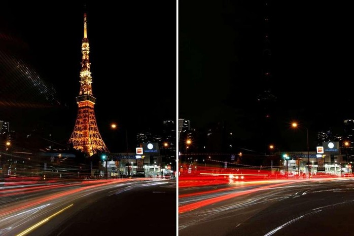 
Công trình biểu tượng của thủ đô Tokyo - Nhật Bản là tháp Tokyo cũng tắt đèn trong buổi tối 25-3. Ảnh trước và sau khi tắt đèn. Ảnh: REUTERS
