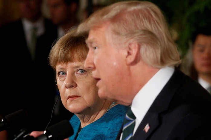Tổng thống Mỹ Donald Trump và Thủ tướng Đức Angela Merkel tại cuộc họp báo chung ngày 17-3.Ảnh: REUTERS