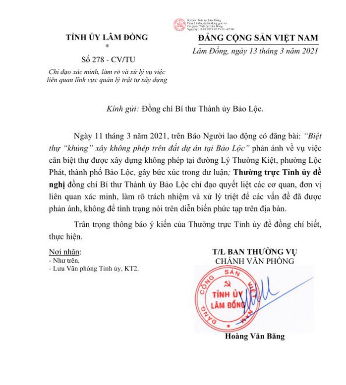 Thường trực Tỉnh ủy Lâm Đồng chỉ đạo xử lý vụ biệt thự khủng xây không phép - Ảnh 2.