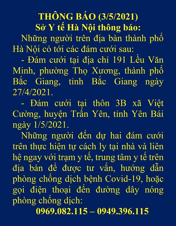 Những ai đã dự 2 đám cưới ở Bắc Giang và Yên Bái cần cách ly tại nhà - Ảnh 1.