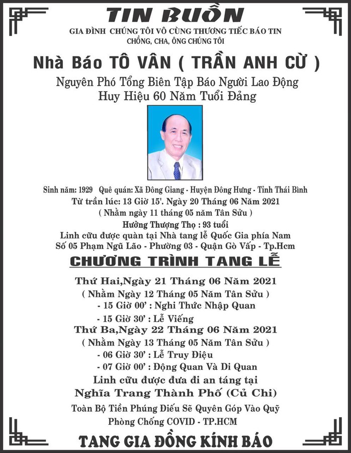 Báo Người Lao Động chia buồn cùng gia đình nhà báo Tô Vân - Ảnh 1.