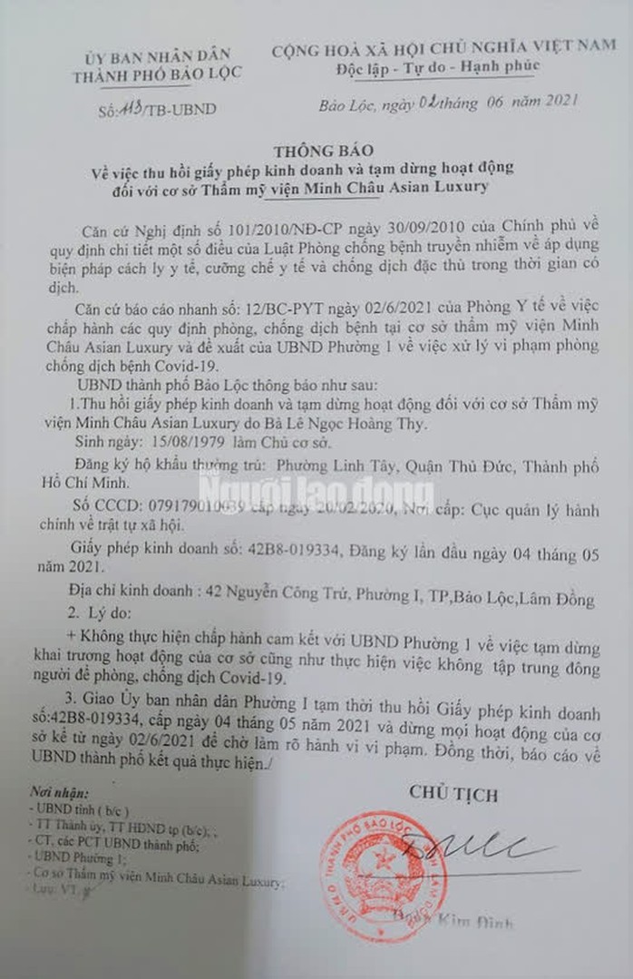 Thu hồi giấy phép và dừng hoạt động thẩm mỹ viện vi phạm về phòng chống dịch Covid-19 - Ảnh 2.