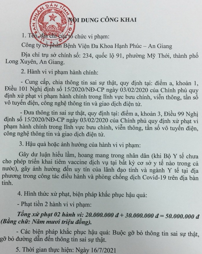 Bệnh viện quảng cáo tiêm dịch vụ vắc-xin ngừa Covid-19 bị phạt 50 triệu đồng - Ảnh 1.