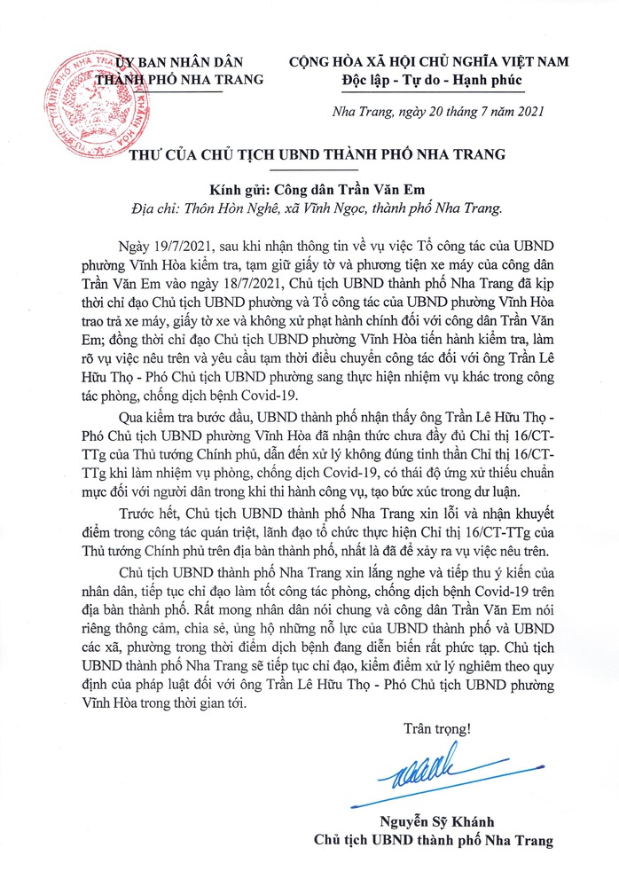 Chủ tịch TP Nha Trang gửi thư xin lỗi anh công nhân trong vụ bánh mì không phải lương thực thiết yếu - Ảnh 1.