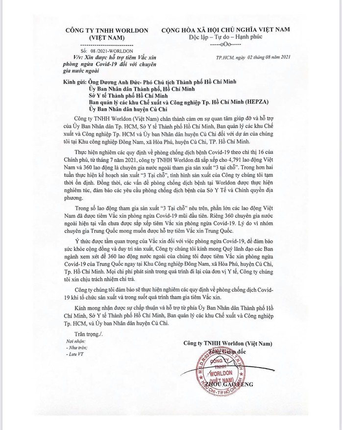 Chuyên gia nước ngoài tại Công ty TNHH Worldon Việt Nam được tiêm vắc- xin  do Trung Quốc sản xuất - Ảnh 1.