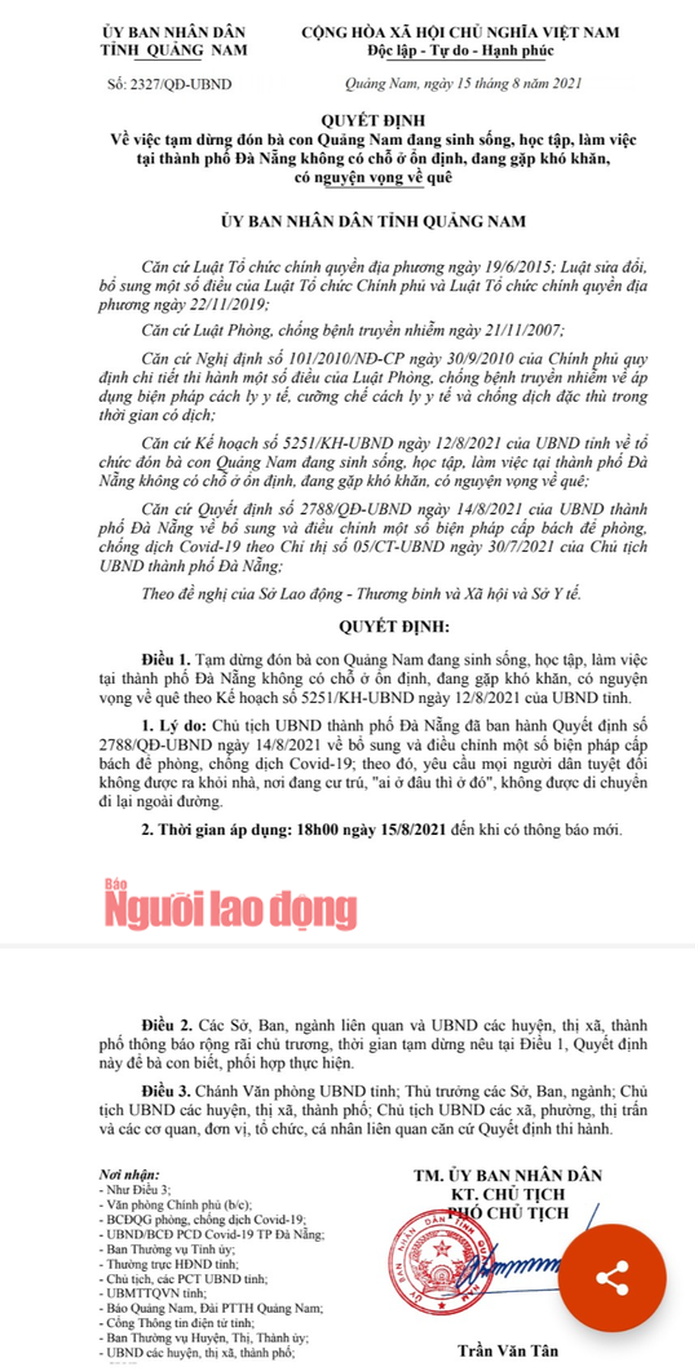 Quảng Nam tạm dừng đón bà con từ Đà Nẵng về quê - Ảnh 1.