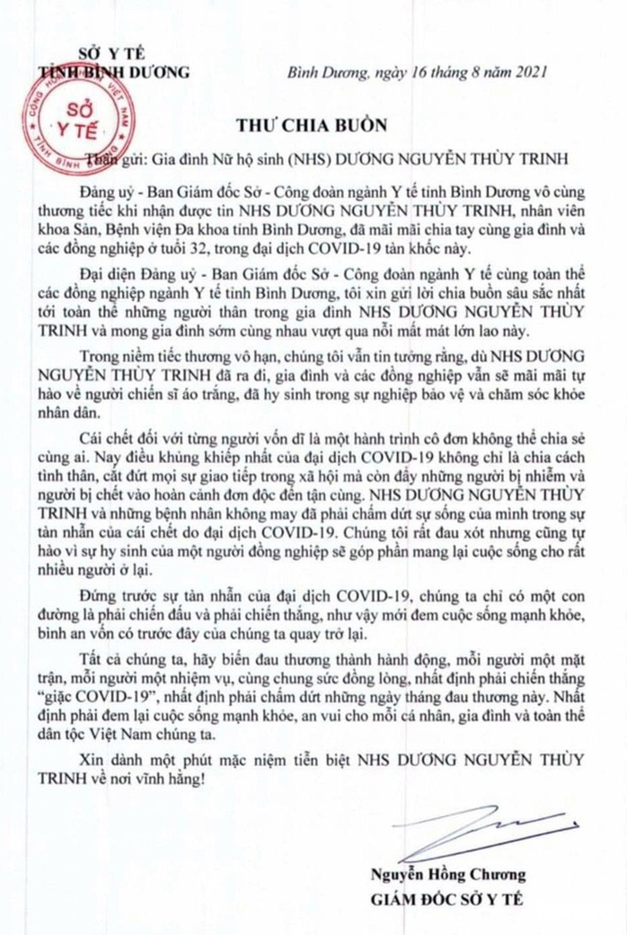 Thư chia buồn đẫm nước mắt của Giám đốc Sở Y tế Bình Dương gửi gia đình nữ hộ sinh mất vì Covid-19 - Ảnh 1.