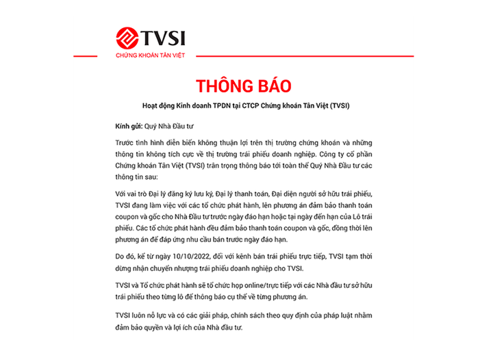 Chứng khoán Tân Việt tạm dừng chuyển nhượng trái phiếu doanh nghiệp - Ảnh 1.