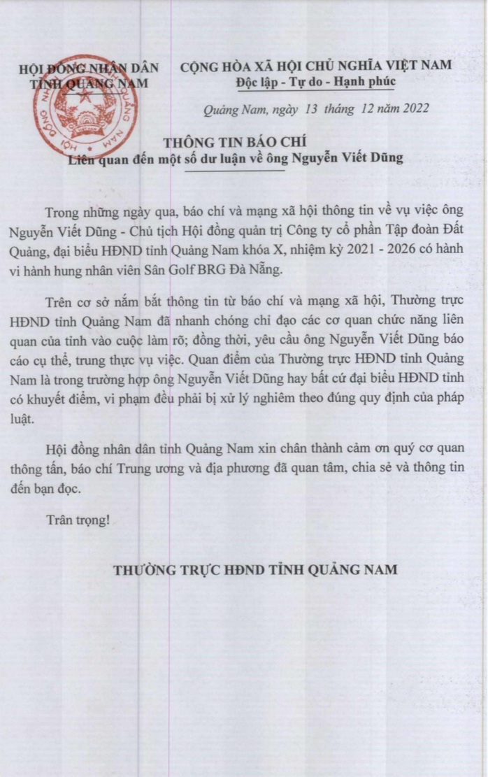 HĐND tỉnh Quảng Nam thông tin vụ đại biểu đánh nữ nhân viên sân golf, không họp báo - Ảnh 2.