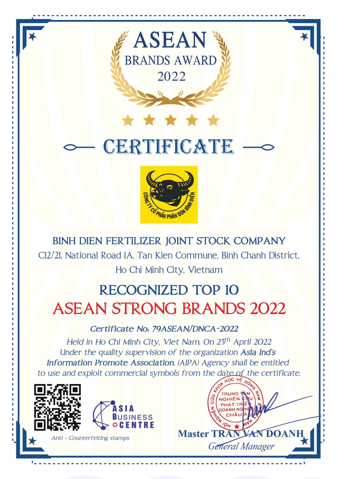 Công ty Cổ phần Phân bón Bình Điền đón nhận danh hiệu “TOP10 Thương hiệu mạnh ASEAN 2022” - Ảnh 2. Công ty Cổ phần Phân bón Bình Điền đón nhận danh hiệu “TOP10 Thương hiệu mạnh ASEAN 2022” - Ảnh 2.