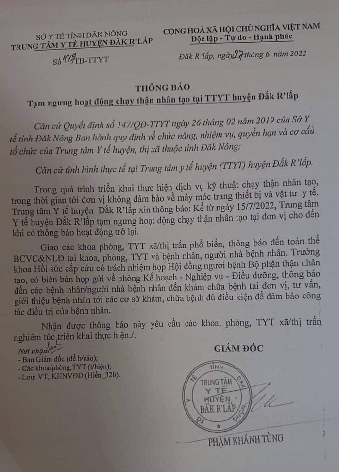 Trung tâm y tế thông báo tạm ngưng chạy thận, bệnh nhân lao đao - Ảnh 1.