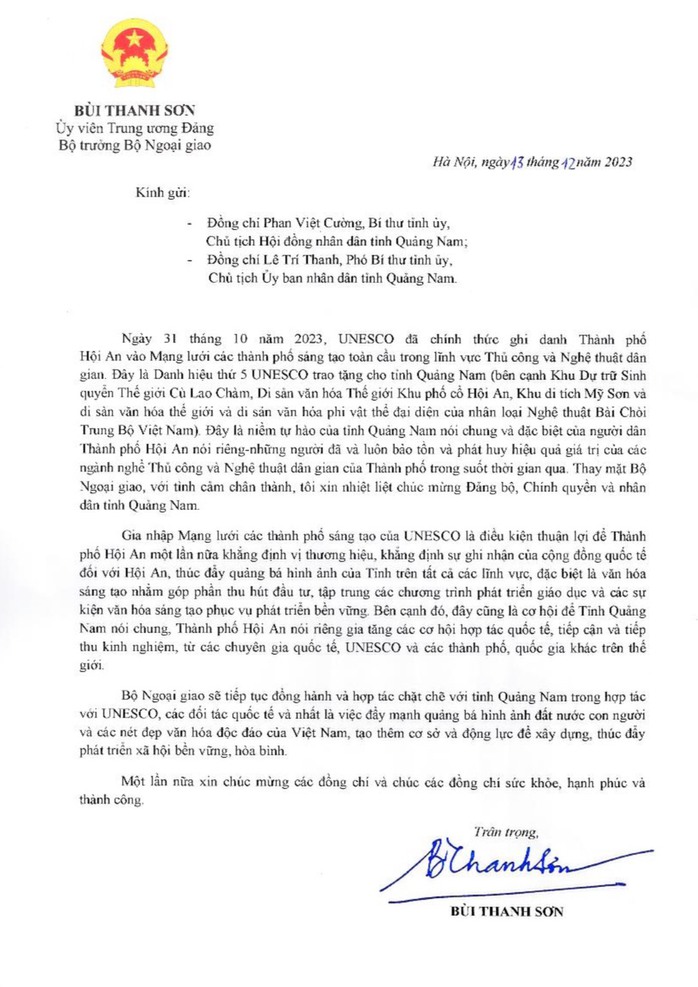 Bộ trưởng Bộ Ngoại giao chúc mừng Hội An được UNESCO ghi danh- Ảnh 1. Bộ trưởng Bộ Ngoại giao chúc mừng Hội An được UNESCO ghi danh- Ảnh 1.