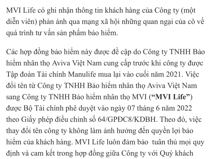 Công ty MVI Life lên tiếng về hợp đồng bảo hiểm của diễn viên Ngọc Lan - Ảnh 1.