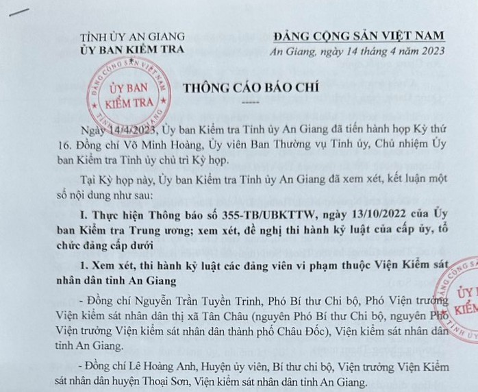 Hàng loạt cán bộ công an, viện kiểm sát ở An Giang bị kỷ luật - Ảnh 1.