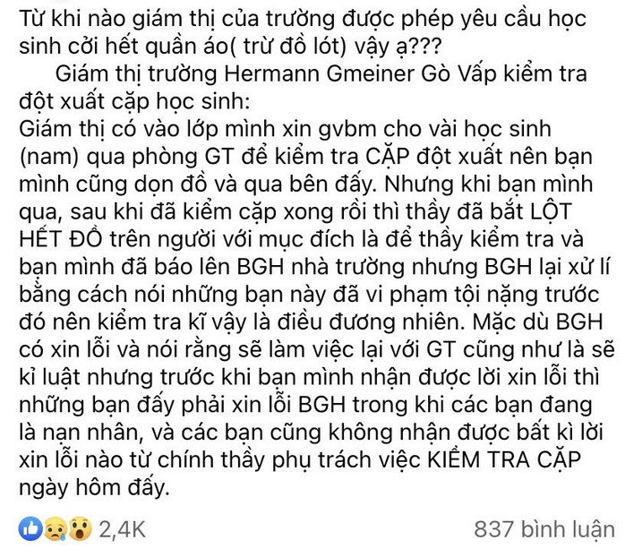 Vụ giám thị cho lột quần áo nam sinh: Trường Hermann Gmenier nói gì? - Ảnh 1.