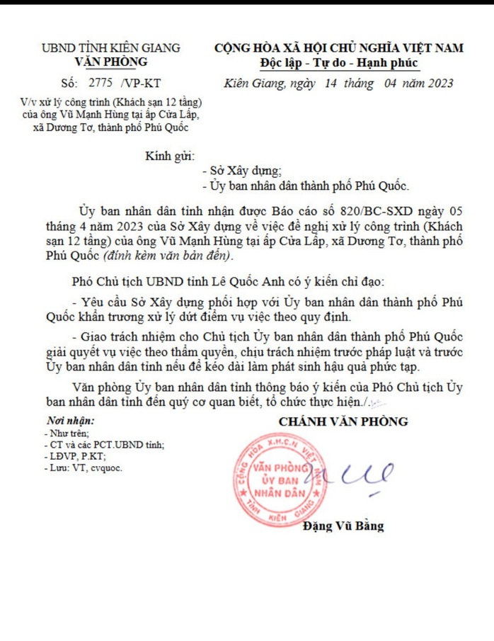 Tỉnh Kiên Giang ra “tối hậu thư” cho Chủ tịch UBND TP Phú Quốc xử lý công trình 12 tầng trái phép - Ảnh 2.