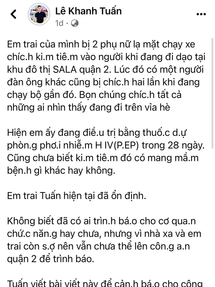 TP HCM: Xôn xao thông tin nam thanh niên bị 2 phụ nữ chích kim tiêm vào người  - Ảnh 1.