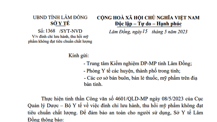 Lâm Đồng: Thu hồi 3 loại mỹ phẩm không đạt chất lượng - Ảnh 1.