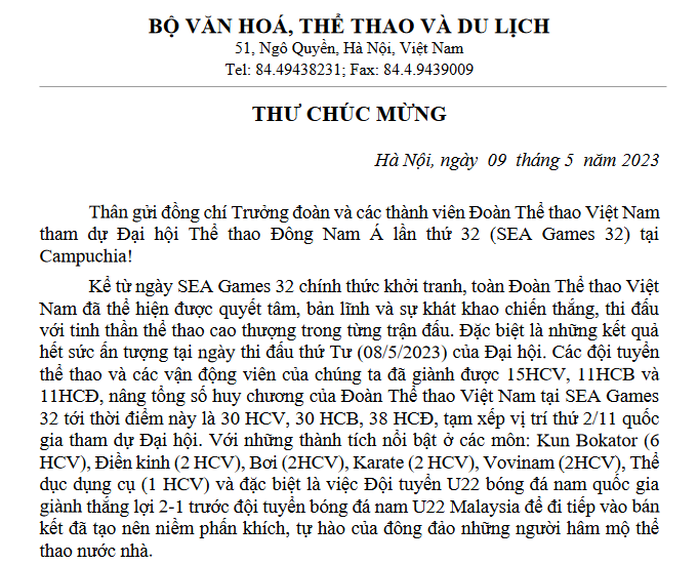 Bộ trưởng Bộ VH-TT-DL gửi thư khen Đoàn Thể thao Việt Nam - Ảnh 2.