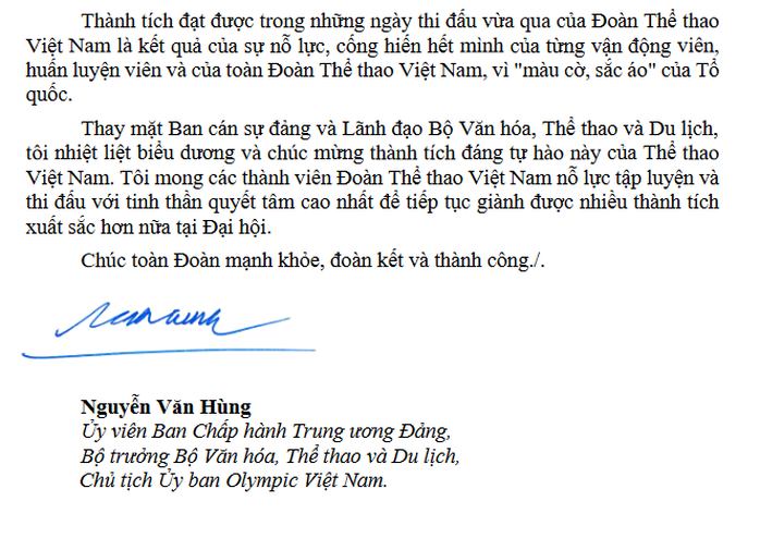 Bộ trưởng Bộ VH-TT-DL gửi thư khen Đoàn Thể thao Việt Nam - Ảnh 3.
