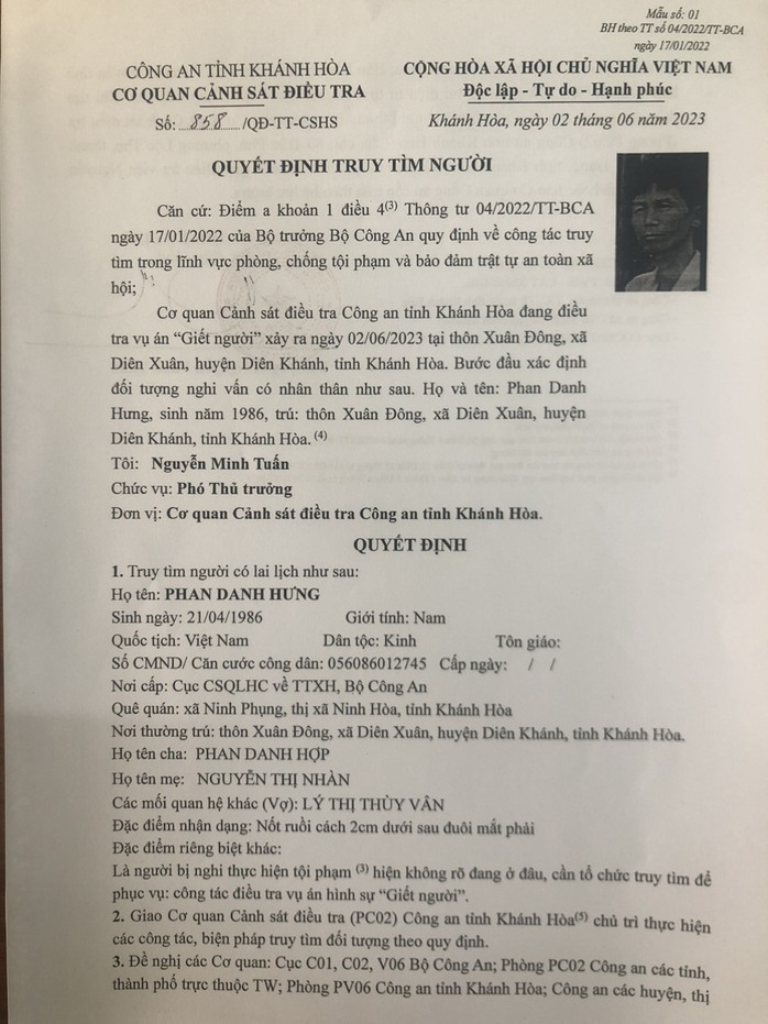 Án mạng kinh hoàng ở Khánh Hòa: Công an ra quyết định truy tìm nghi phạm - Ảnh 3.