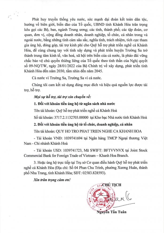 Kêu gọi ủng hộ Quỹ hỗ trợ phát triển Nghề cá Khánh Hòa - Ảnh 2.