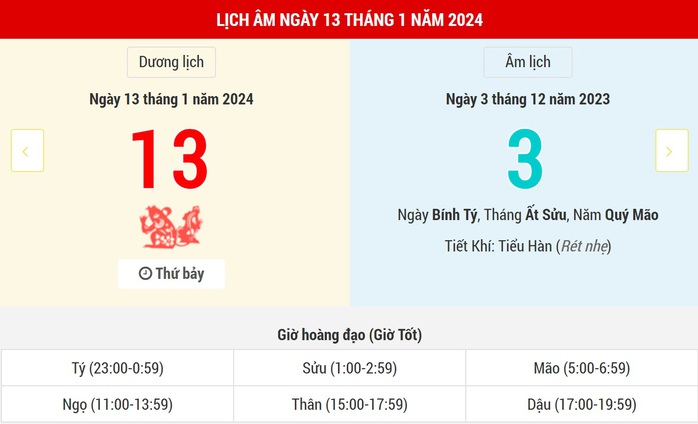 Lịch Âm hôm nay (13-1): Mùng 3 tháng Chạp- Ảnh 1. Lịch Âm hôm nay (13-1): Mùng 3 tháng Chạp- Ảnh 1.