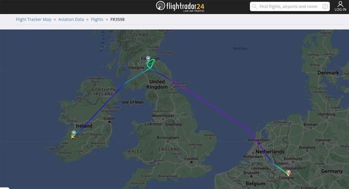 Chuyến bay này từ Shannon (Ireland) đến Edinburgh (Scotland) nhưng hạ cánh ở Cologne (Đức). Ảnh: FlightRadar24 Chuyến bay này từ Shannon (Ireland) đến Edinburgh (Scotland) nhưng hạ cánh ở Cologne (Đức). Ảnh: FlightRadar24