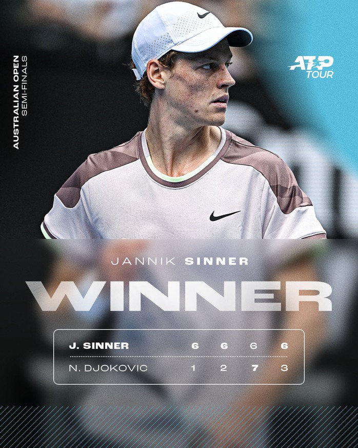 Sinner thắng Djokovic để sánh vai Nadal, Federer, vào chung kết Úc mở rộng- Ảnh 1. Sinner thắng Djokovic để sánh vai Nadal, Federer, vào chung kết Úc mở rộng- Ảnh 1.