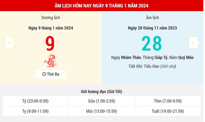 Lịch âm hôm nay (9-1) và những thông tin tham khảo- Ảnh 1. Lịch âm hôm nay (9-1) và những thông tin tham khảo- Ảnh 1.