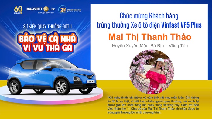 Chị Mai Thị Thanh Thảo (tỉnh Bà Rịa - Vũng Tàu) là khách hàng may mắn trúng giải thưởng ô tô điện VinFast VF5 Plus