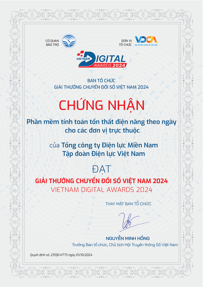 “Phần mềm tính toán tổn thất điện năng theo ngày cho các đơn vị trực thuộc” đoạt Giải thưởng Chuyển đổi số Việt Nam 2024 “Phần mềm tính toán tổn thất điện năng theo ngày cho các đơn vị trực thuộc” đoạt Giải thưởng Chuyển đổi số Việt Nam 2024