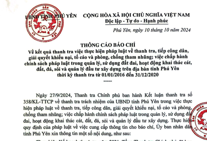 Phú Yên thông tin về việc thanh tra trách nhiệm của UBND tỉnh- Ảnh 1. Phú Yên thông tin về việc thanh tra trách nhiệm của UBND tỉnh- Ảnh 1.