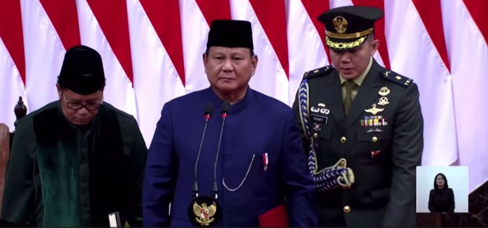 Ông Prabowo Subianto tuyên thệ nhậm chức Tổng thống Indonesia. Ảnh: X Ông Prabowo Subianto tuyên thệ nhậm chức Tổng thống Indonesia. Ảnh: X