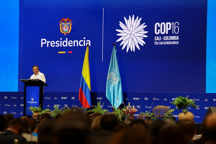 Tổng thống Colombia Gustavo Petro phát biểu tại lễ khai mạc COP16 hôm 20-10 tại TP Cali Ảnh: REUTERS Tổng thống Colombia Gustavo Petro phát biểu tại lễ khai mạc COP16 hôm 20-10 tại TP Cali Ảnh: REUTERS