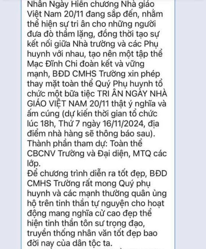 Phụ huynh vận động tổ chức gặp mặt tri ân ngày 20-11, trường ra thông báo khẩn- Ảnh 2. Phụ huynh vận động tổ chức gặp mặt tri ân ngày 20-11, trường ra thông báo khẩn- Ảnh 2.