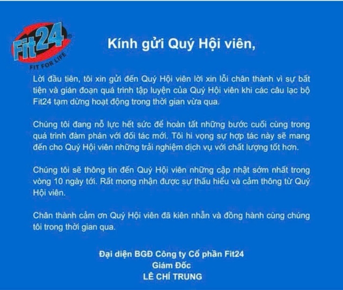 Diễn biến mới vụ chuỗi phòng tập Fit24 sau 3 tuần đóng cửa - Ảnh 1. Diễn biến mới vụ chuỗi phòng tập Fit24 sau 3 tuần đóng cửa - Ảnh 1.