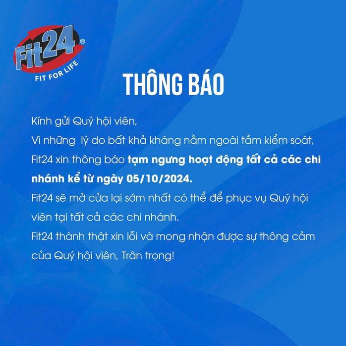 Chuỗi phòng tập Fit24 tạm ngừng hoạt động, hàng trăm gymer tá hỏa- Ảnh 1. Chuỗi phòng tập Fit24 tạm ngừng hoạt động, hàng trăm gymer tá hỏa- Ảnh 1.
