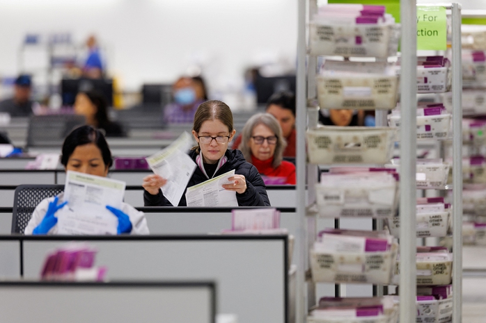 Nhân viên bầu cử xử lý phiếu bầu qua thư tại hạt Los Angeles, bang California - Mỹ. Ảnh: REUTERS Nhân viên bầu cử xử lý phiếu bầu qua thư tại hạt Los Angeles, bang California - Mỹ. Ảnh: REUTERS