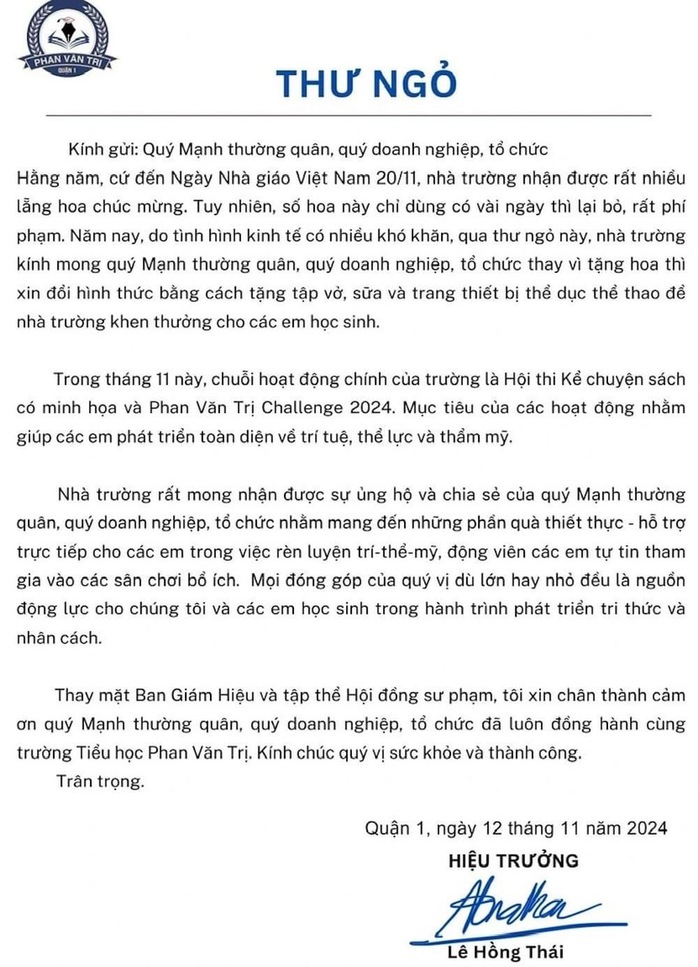 Bức thư gây xúc động của một hiệu trưởng ở TP HCM- Ảnh 1. Bức thư gây xúc động của một hiệu trưởng ở TP HCM- Ảnh 1.