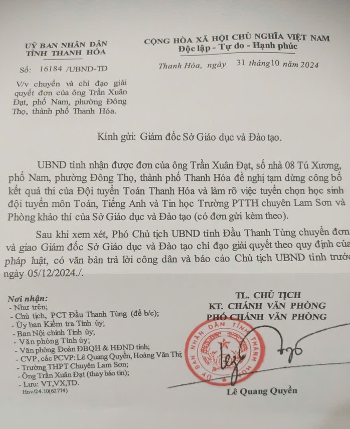 Công dân đề nghị tạm dừng công bố kết quả thi Đội tuyển Toán, Phó chủ tịch tỉnh yêu cầu trả lời- Ảnh 1. Công dân đề nghị tạm dừng công bố kết quả thi Đội tuyển Toán, Phó chủ tịch tỉnh yêu cầu trả lời- Ảnh 1.