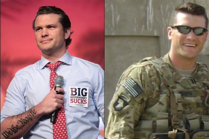 Sĩ quan Pete Hegseth khi trong quân ngũ (trái) và trong vai trò người dẫn chương trình truyền hình. Ảnh: Sina Sĩ quan Pete Hegseth khi trong quân ngũ (trái) và trong vai trò người dẫn chương trình truyền hình. Ảnh: Sina